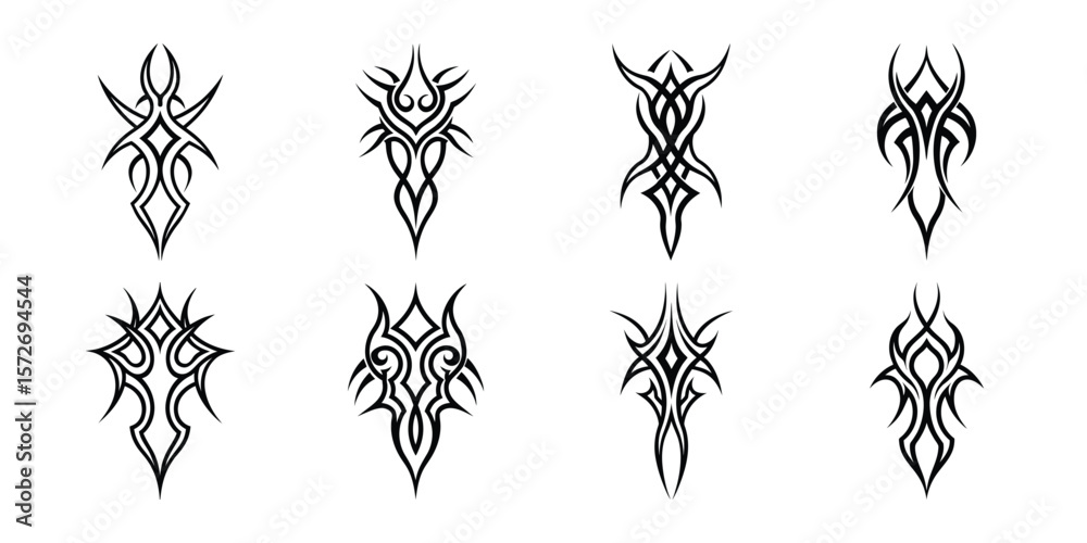 Vector art of collection of eight bold tribal tattoo designs in black ...