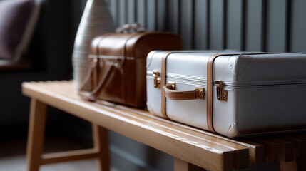 Poster - Vintage suitcases rest on a wooden bench in a stylish, minimalist interior setting with soft lighting