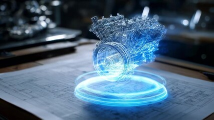 Poster - Holographic projection of a car engine floating above blueprints on a desk in a modern industrial design office setting, showcasing advanced automotive technology