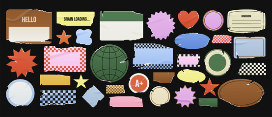 ripped and wrinkled blank sticker labels, starbursts, checkered badges, name tag with torn edges. gr