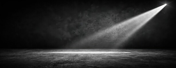 Aufkleber - A spotlight shining on a dark textured floor in a black and white studio background with copy space