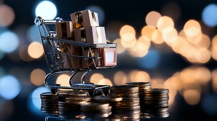 Poster - Shopping cart filled with miniature cardboard boxes balanced on stacked coins against blurred golden bokeh lights, representing e-commerce and online shopping costs.