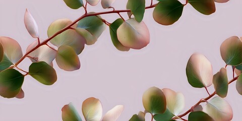 Poster - Delicate eucalyptus branches with round green and pink leaves create gentle natural pattern on soft pink background, bringing organic minimalist aesthetic.