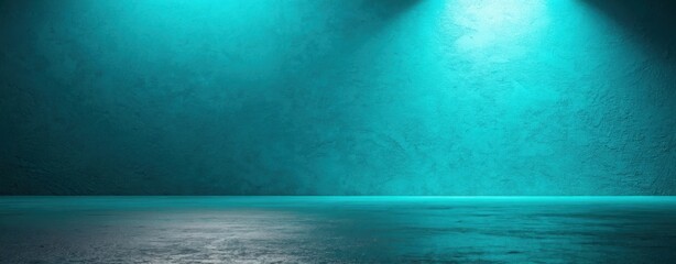 Aufkleber - Illuminated turquoise wall with spotlight and reflective floor creating a studio backdrop scene