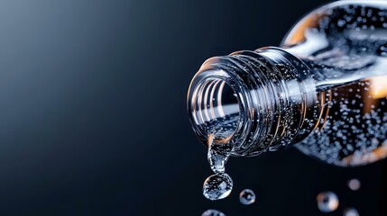 Poster - Water drops falling from plastic bottle neck in dramatic lighting against dark background, macro photography with selective focus and bokeh effect.