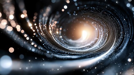 Poster - Spiral galaxy formation with glowing center and swirling stardust particles creating cosmic tunnel effect against dark space background. Suitable for astronomy concepts.