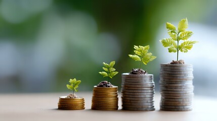 Poster - Growing plant on increasing height stack of coins showing financial growth and investment success with natural green bokeh background.