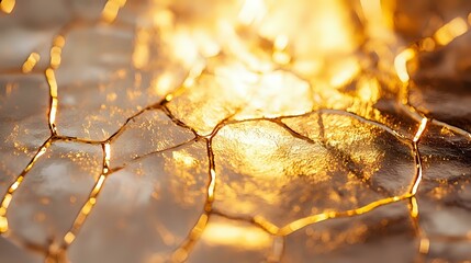 Poster - Cracked surface with golden light shining through fissures creating abstract pattern of illuminated veins and textures against dark background.