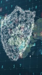 Poster - Animation of shield, digital data processing and world map over dark background