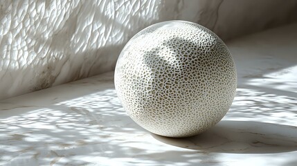 Poster - White textured sphere with delicate crackled pattern casting soft shadows on light surface, artistic minimalist composition for modern interior design and decor.