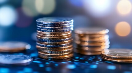 Poster - Stacked coins on illuminated computer keyboard with bokeh lights in background, representing digital finance and cryptocurrency investment trends.
