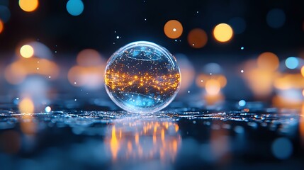 Poster - Crystal ball on reflective surface with magical glowing lights and bokeh effects creating mystical atmosphere against dark background with orange and blue illumination.
