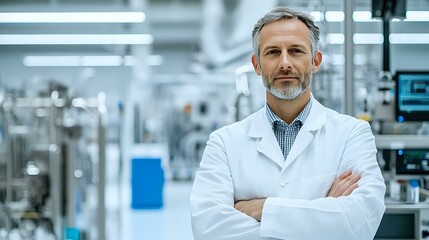 Poster - Confident mature male scientist with gray hair and beard wearing white lab coat standing with arms crossed in modern research laboratory facility.