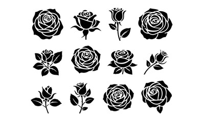 Aufkleber - A collection of various rose flower silhouettes in black and white art