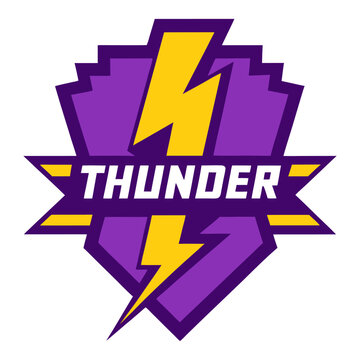 “Thunder Gaming” Emblem with Bolt Icon and Energetic Typeface in Purple and Yellow High-Contrast Colors