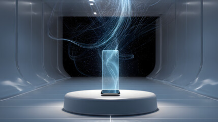 Poster - Smartphone Innovation: A cutting-edge smartphone model, illuminated by ethereal light effects, rests on a futuristic pedestal in a minimalist, high-tech environment.