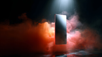 Poster - Mysterious Metal Monolith: A captivating composition unveils a sleek, reflective metal monolith floating amidst a swirling mist, illuminated by a focused spotlight that casts an ethereal ambiance.