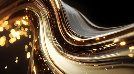Fototapete - Golden Flowing Abstract: A mesmerizing, close-up view of a flowing, abstract golden form, interspersed with shimmering particles of light, creates a sense of fluidity and ethereal beauty.