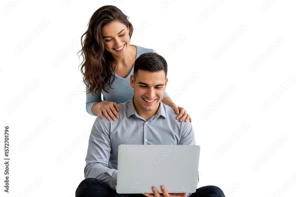 happy couple with laptop isolated on white background Stock Photo ...