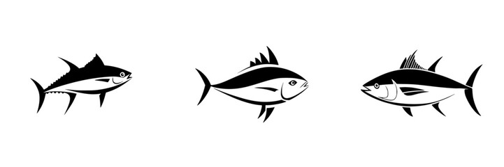 Poster - Diverse fish silhouettes in black and white represent aquatic life and marine biodiversity in a minimalist style