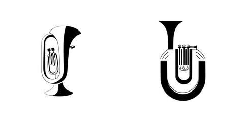 Poster - Silhouette pictogram set featuring classic brass instruments in various designs and perspectives suitable for music-related applications