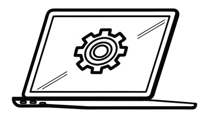 Poster - Black and white illustration of a laptop with a gear icon on the screen