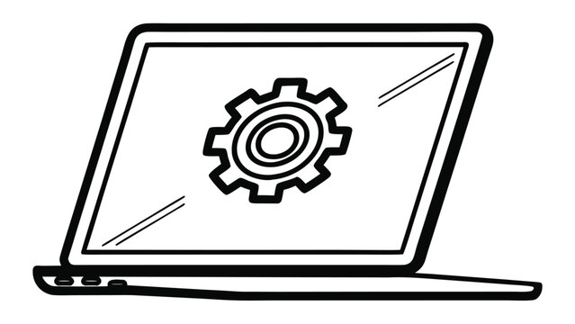 Black and white illustration of a laptop with a gear icon on the screen