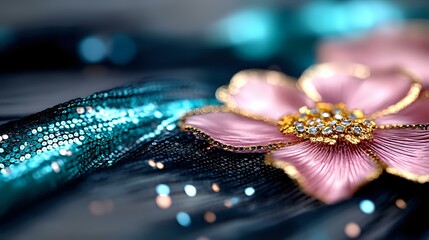 Poster - Delicate pink flower brooch with golden details and crystals on dark background with glittering turquoise sparkles and bokeh lights creating magical atmosphere.
