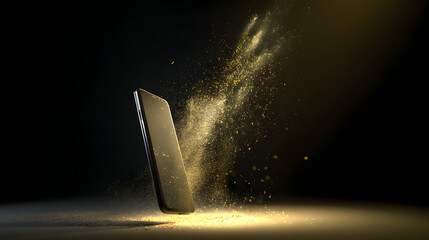 Poster - Golden Dust from Technology: A sleek, modern smartphone releases a cloud of golden dust, symbolizing innovation, connectivity, and the ethereal essence of digital life.