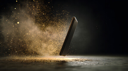 Poster - Mobile Device Blast: A sleek mobile device levitates amidst a cloud of energetic particles, hinting at technological innovation and the dynamic evolution of digital experiences.