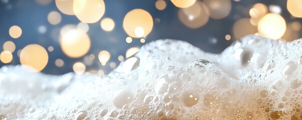 Poster - Macro shot of beer foam with golden bokeh lights in background creating festive atmosphere. Fresh bubbles and froth close-up for beverage and celebration designs.