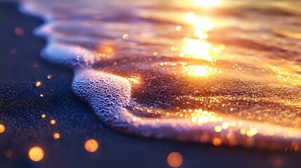 Poster - Gentle ocean wave rolling onto sandy beach at golden sunset with sparkling water droplets and bokeh light effects creating dreamy atmospheric seascape.