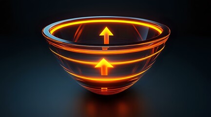 Aufkleber - Glowing orange neon arrows spiral around transparent glass bowl against dark background creating futuristic technological concept with light reflection effects.