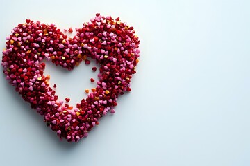Poster - Heart shape formed by small red and pink confetti hearts on light background, romantic love symbol with negative space in center creating outline.