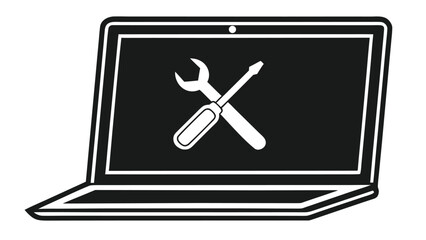 Poster - Laptop computer with crossed wrench and screwdriver on screen representing repair and service