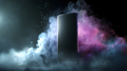 Fototapete - Ethereal Touch: Captivating display of a sleek, modern mobile phone surrounded by dynamic clouds of vibrant color and light, highlighting its cutting-edge design and advanced technology.