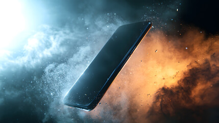 Fototapete - Innovative Technology Presentation: A cutting-edge smartphone design floats amidst an artistic explosion of light and color, capturing the essence of innovation, modern design.