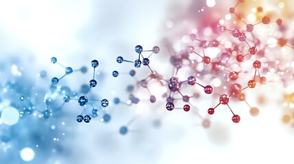 Poster - Colorful molecular structure with blue and red gradient atoms connected by bonds on blurred bokeh background, scientific concept for chemistry and biology.