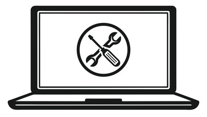Poster - Laptop computer screen displaying a circular icon with a crossed wrench and screwdriver