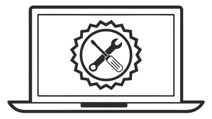 Poster - Laptop computer screen displaying a wrench and screwdriver icon for repair and service