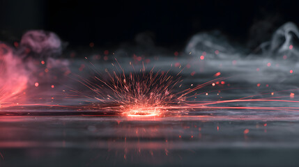 Poster - Fiery Fusion: An intense, captivating spectacle unfolds as radiant sparks erupt from the center, casting a dynamic glow amidst atmospheric smoke, symbolizing energy, innovation.