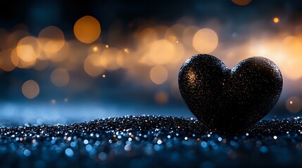 Poster - Black heart shape on glittering surface with golden bokeh lights in background creating romantic and dreamy atmosphere. Suitable for Valentine's Day designs and love themes.