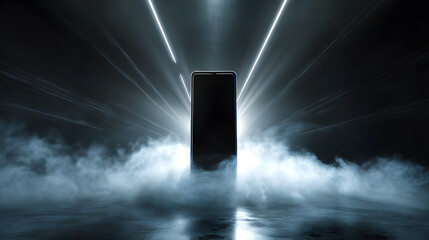 Poster - Mysterious Digital Device: A sleek, dark digital device emerges from the shadows, bathed in an ethereal glow and shrouded in a vaporous mist.
