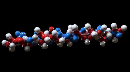 Poster - Molecular structure model showing protein chain with red, white, and blue atoms on black background, isolated scientific visualization for educational purposes.