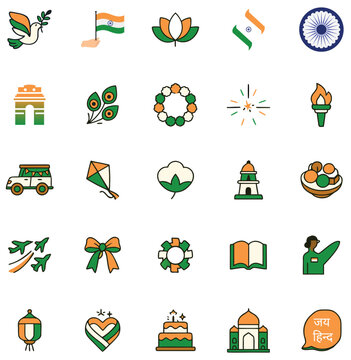India Independence Day icon set, featuring a flat style, Is a National festival of India. Vector icons 