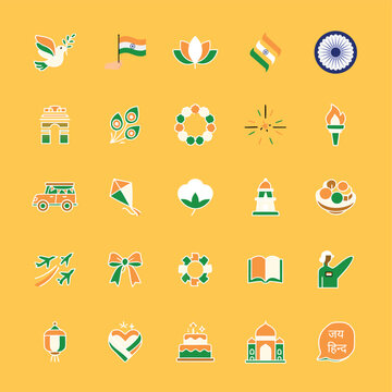 India Independence Day icon set, featuring a flat style, Is a National festival of India. Vector icons 