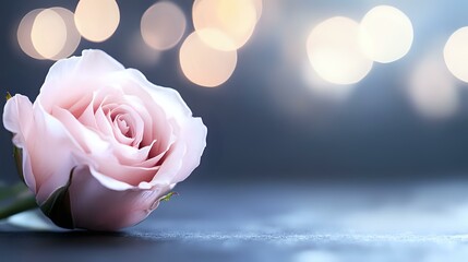 Poster - Delicate pink rose blossom on dark background with soft bokeh lights creating romantic atmosphere, macro photography for wedding and valentines themes.