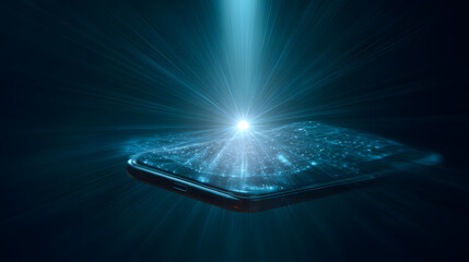 Poster - Technological Beacon: A smartphone, illuminated by a beam of light, symbolizing the connectivity and boundless potential of modern technology.