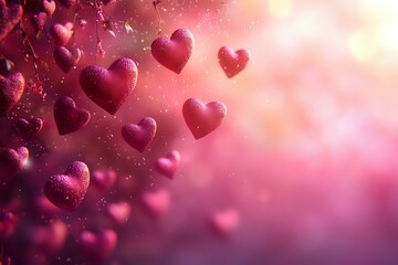 Poster - Romantic pink and purple hearts floating in dreamy bokeh background with glowing sparkles and soft focus effect, perfect for Valentine's Day designs and love themes.
