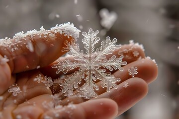 Poster - Delicate natural snowflake crystal resting on open palm, showcasing intricate frozen pattern and symmetrical ice formation in macro photography detail.